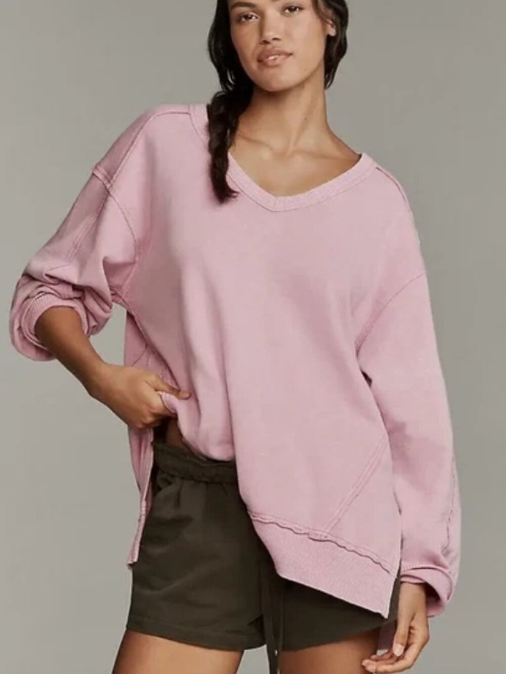 Pilcro Long Sleeve V-neck Oversized Popover Tunic Top Pink Anthropologie M